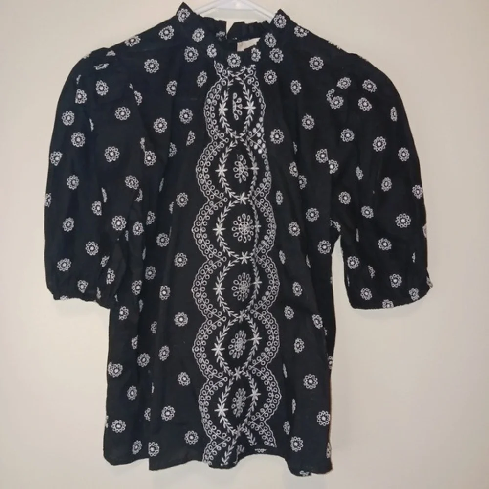 NWT LOFT Black Cottagecore Wimsigoth Short Sleeve Blouse Tunic‎ Top  S